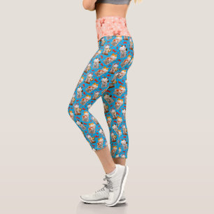 Retro Blue Pink Japanese Fish Lucky Cat and Koi Capri Leggings