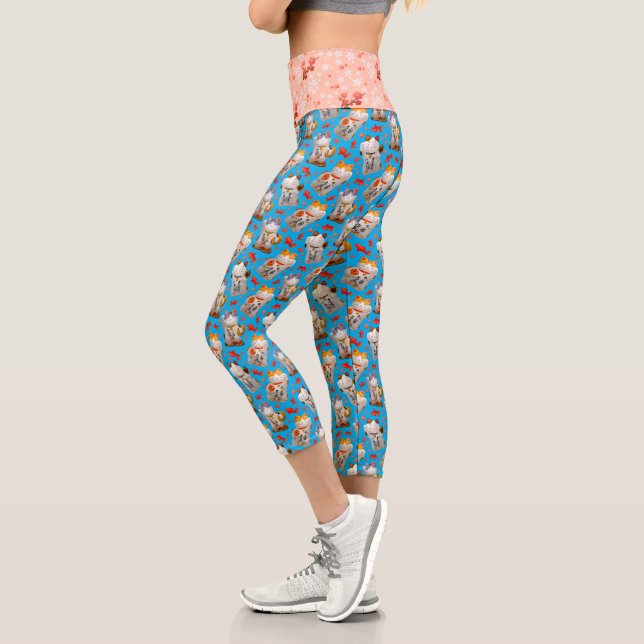 Retro Blue Pink Japanese Fish Lucky Cat and Koi Capri Leggings (Left)