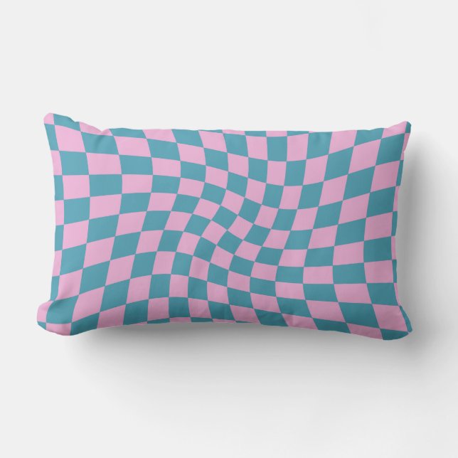 Retro Blue Pink Pastel Warped Chequerboard  Lumbar Cushion (Front)