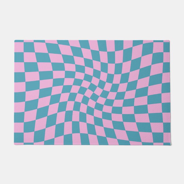 Retro Blue Pink Warped Chequerboard Chequered Doormat (Front)