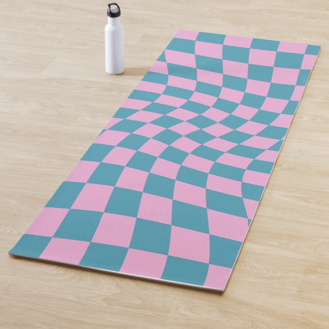 Retro Blue Pink Warped Chequerboard Chequered Yoga Mat (In Situ)