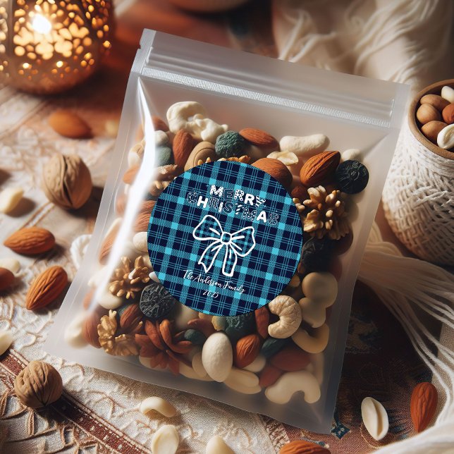 Retro Blue Plaid Whimsical Christmas  Classic Round Sticker (Creator Uploaded)