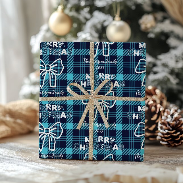 Retro Blue Plaid Whimsical Christmas  Wrapping Paper (Creator Uploaded)