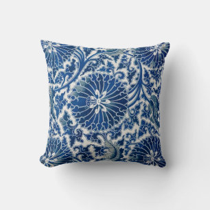 Retro Blue Poppy Chinoiserie Cushion