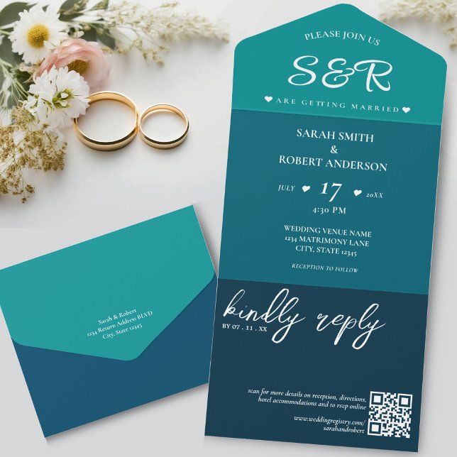 Retro Blue QR Code Wedding All In One Invitation (Retro Blue QR Code Wedding All In One Invitation)