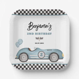 Retro Blue Race Car Two Fast Boy 2nd Birthday Paper Plate