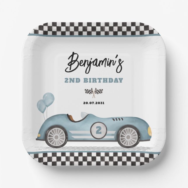 Retro Blue Race Car Two Fast Boy 2nd Birthday Paper Plate (Front)