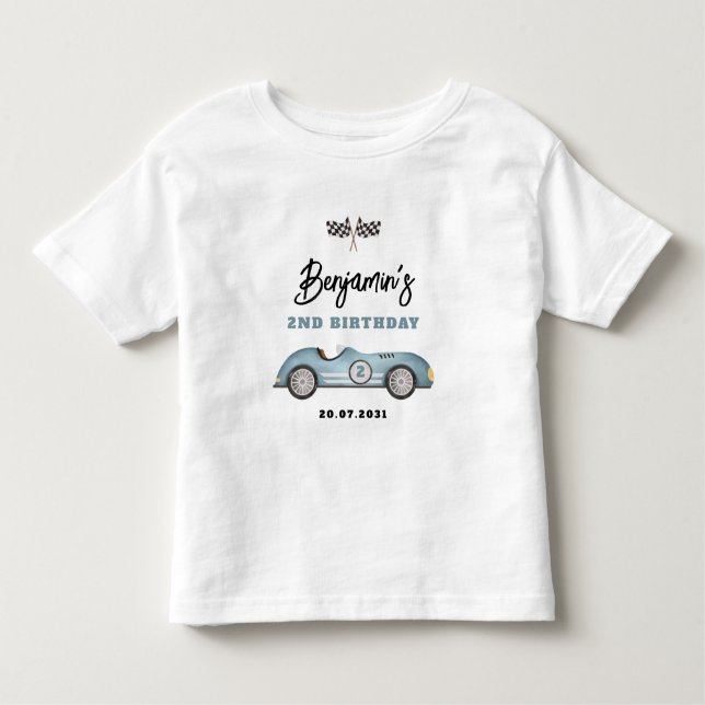 Retro Blue Race Car Two Fast Boy 2nd Birthday Toddler T-Shirt (Front)