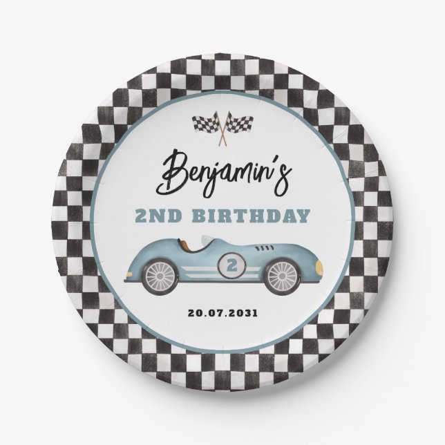 Retro Blue Race Car Two Fast Boy Birthday Paper Plate (Front)