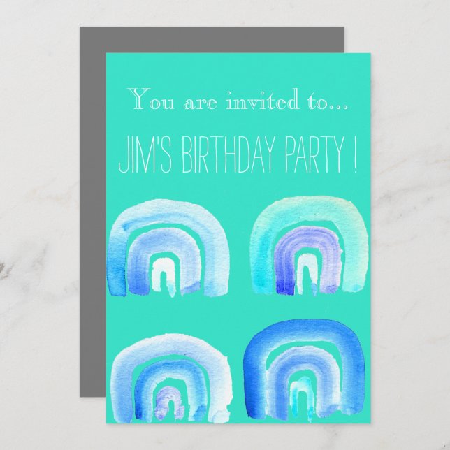 Retro blue rainbow birthday party invitation (Front/Back)