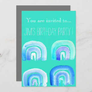 Retro blue rainbow birthday party invitation