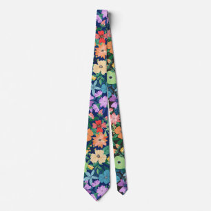 Retro Blue Rainbow Flowers Pattern Tie