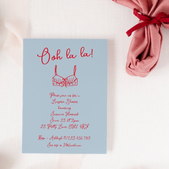 Retro Blue & Red Hand Drawn Bra Lingerie Shower Invitation (Creator Uploaded)