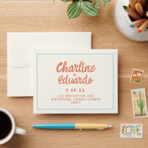 Retro Blue Red Handwriting Wedding Envelope