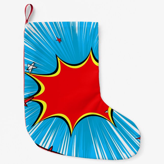 Retro Blue & Red Stars Comic Explosion Small Christmas Stocking (Front)