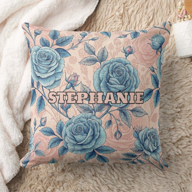 Retro Blue Rose Pattern on Soft Pink Background Cushion (Blanket)