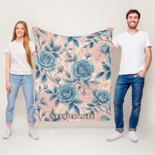 Retro Blue Rose Pattern on Soft Pink Background Fleece Blanket