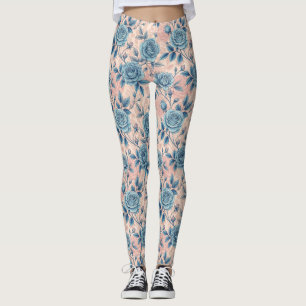 Retro Blue Rose Pattern on Soft Pink Background Leggings