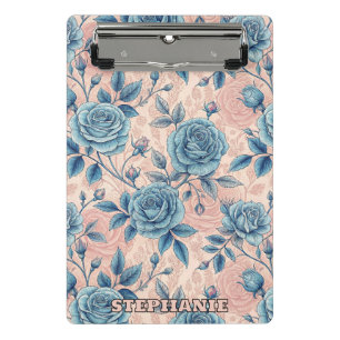 Retro Blue Rose Pattern on Soft Pink Background Mini Clipboard