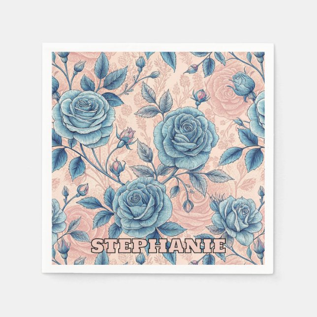 Retro Blue Rose Pattern on Soft Pink Background Napkin (Front)