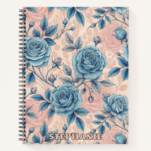 Retro Blue Rose Pattern on Soft Pink Background Notebook