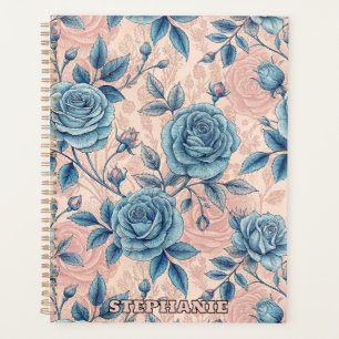 Retro Blue Rose Pattern on Soft Pink Background Planner