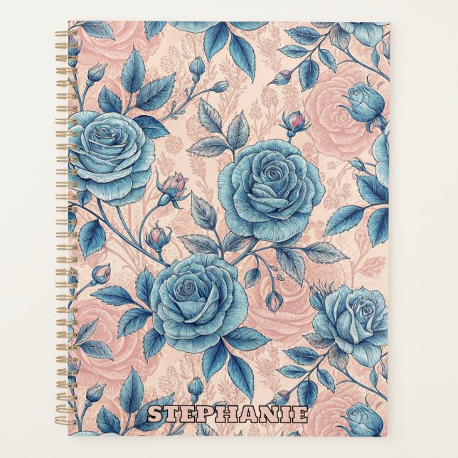 Retro Blue Rose Pattern on Soft Pink Background Planner (Front)