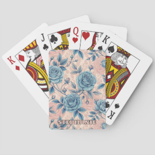 Retro Blue Rose Pattern on Soft Pink Background Playing Cards