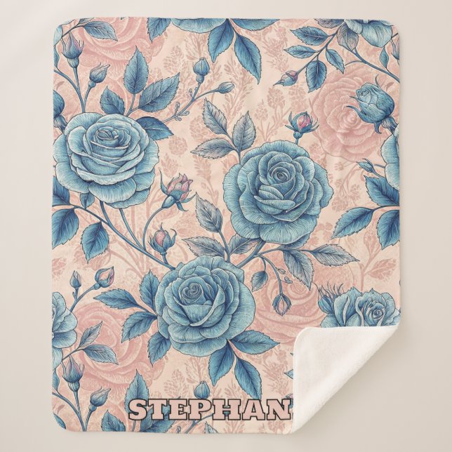 Retro Blue Rose Pattern on Soft Pink Background Sherpa Blanket (Front)