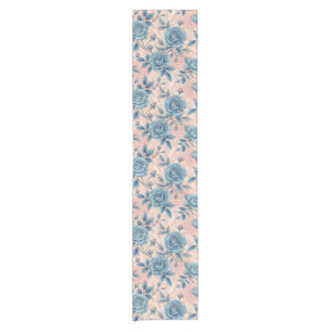 Retro Blue Rose Pattern on Soft Pink Background Short Table Runner