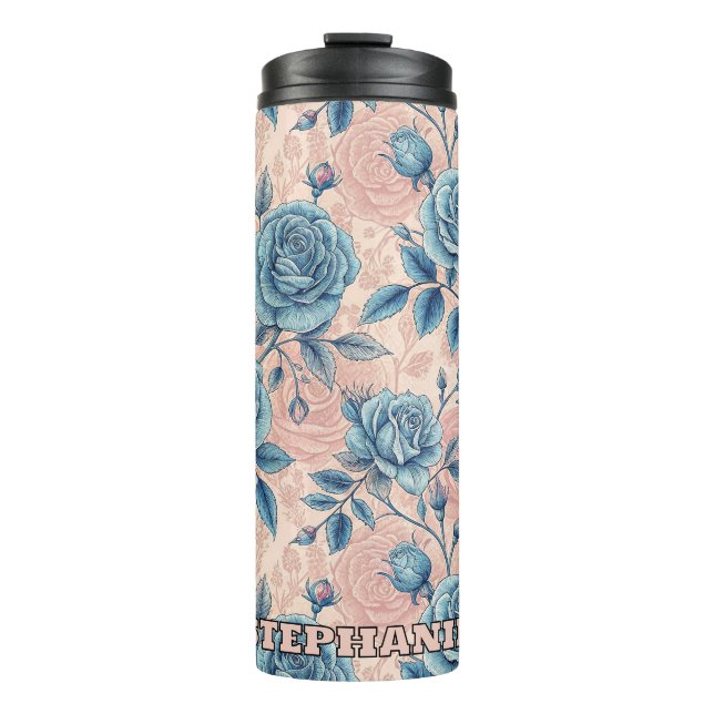 Retro Blue Rose Pattern on Soft Pink Background Thermal Tumbler (Front)