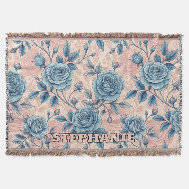 Retro Blue Rose Pattern on Soft Pink Background Throw Blanket (Front)