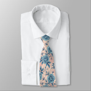 Retro Blue Rose Pattern on Soft Pink Background Tie