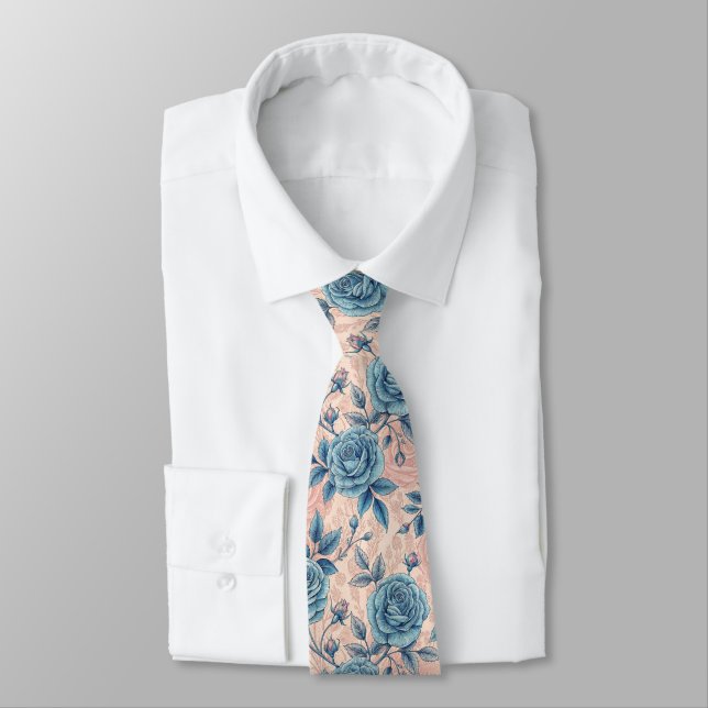 Retro Blue Rose Pattern on Soft Pink Background Tie (Tied)