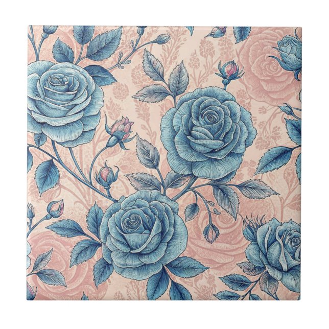 Retro Blue Rose Pattern on Soft Pink Background Tile (Front)