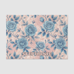 Retro Blue Rose Pattern on Soft Pink Background Tissue Paper