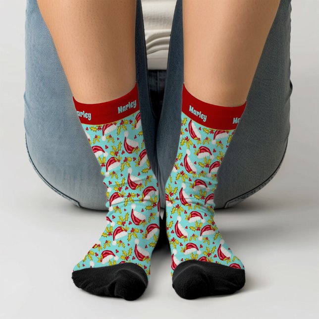 Retro Blue Santa Hat Holly Add Name Teen Christmas Socks (Creator Uploaded)