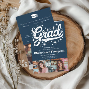 Retro Blue Script Stars 3-Photo Graduation Party Invitation