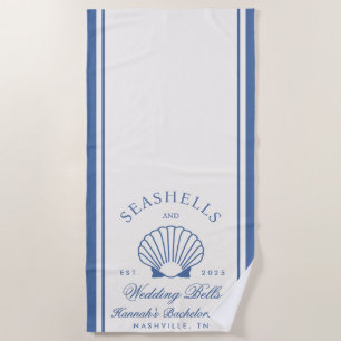 Retro Blue Seashells & Wedding Bells Bachelorette Beach Towel
