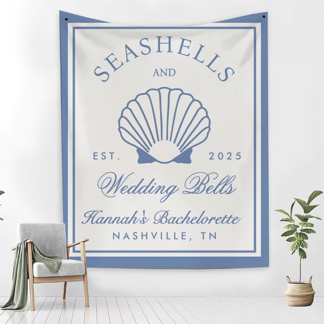 Retro Blue Seashells & Wedding Bells Bachelorette  Fleece Blanket (Creator Uploaded)