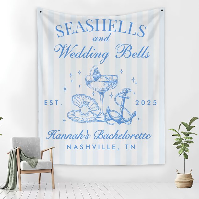 Retro Blue Seashells & Wedding Bells Bachelorette  Fleece Blanket (Creator Uploaded)