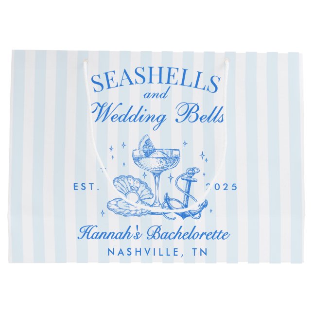 Retro Blue Seashells & Wedding Bells Bachelorette  Large Gift Bag (Back)