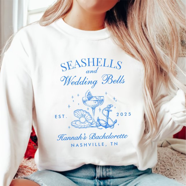 Retro Blue Seashells & Wedding Bells Bachelorette Sweatshirt (Creator Uploaded)