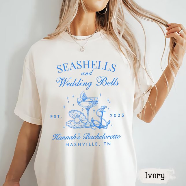 Retro Blue Seashells & Wedding Bells Bachelorette T-Shirt (Creator Uploaded)