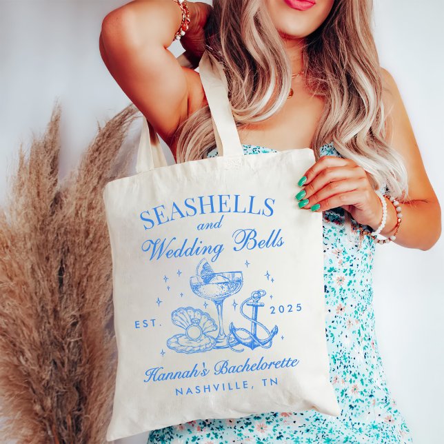 Retro Blue Seashells & Wedding Bells Bachelorette  Tote Bag (Creator Uploaded)