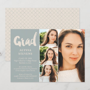 Retro blue simple Grad script 4 photos graduation Invitation