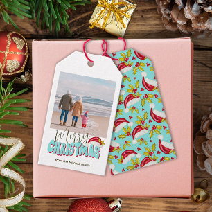 Retro Blue Simple Photo Festive Merry Christmas Gift Tags