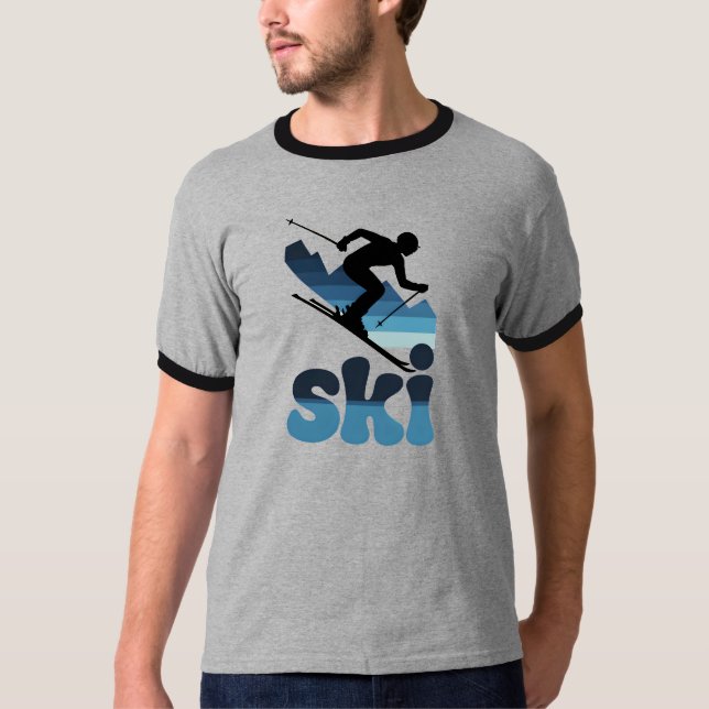Retro Blue Ski T-Shirt – Modern 70s Style Skiing T (Front)