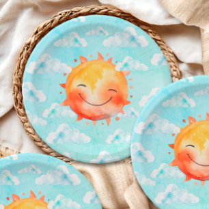 Retro Blue Sky Boho Happy Sunshine Baby Shower Paper Plate