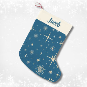 Retro Blue Sparkle Christmas Pattern Custom Name Small Christmas Stocking